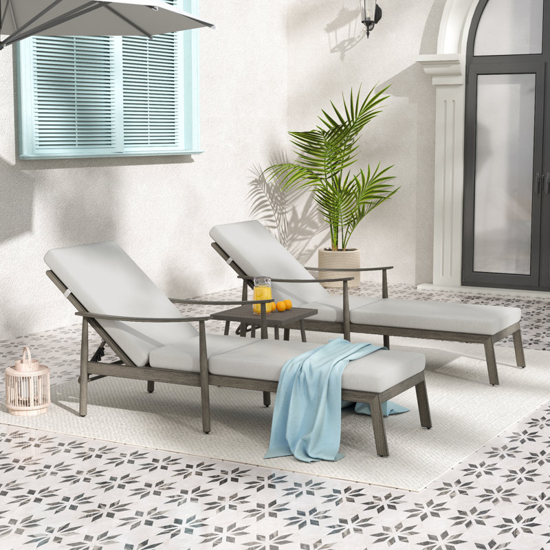 Raik Outdoor Metal Chaise Lounge Set with Table , Cushion Included, Gray Cushion/Brown Frame