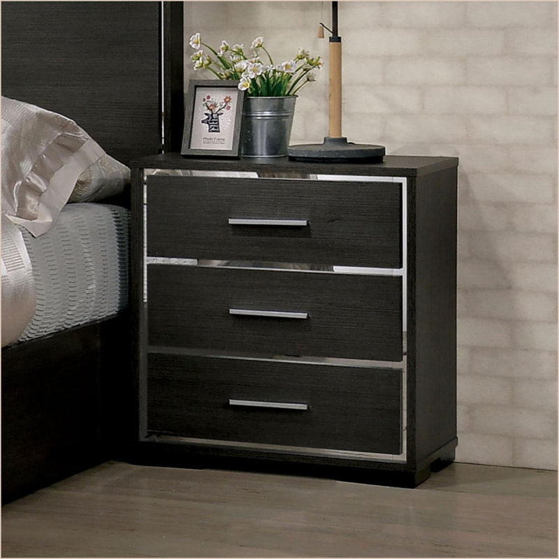 Table de chevet moderne gris chaud avec chargeur USB - placage en bois massif