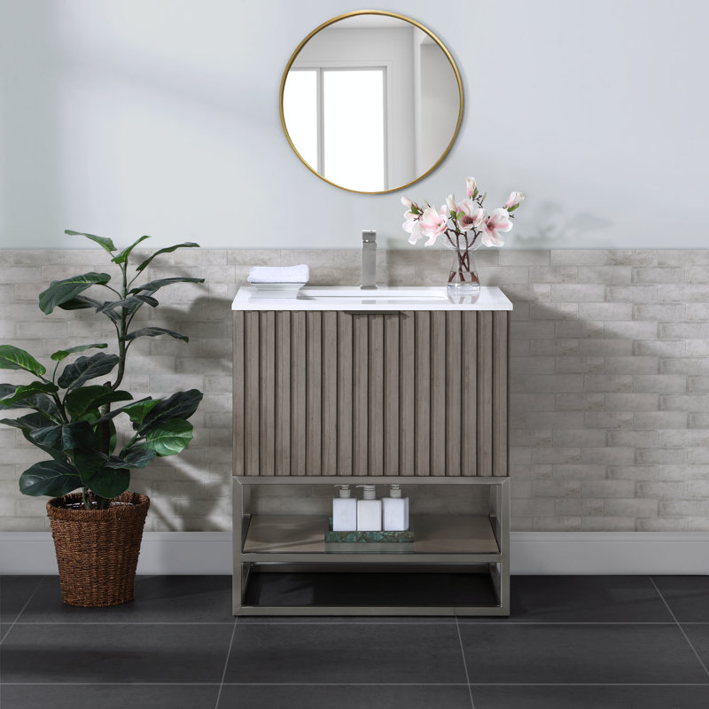 Terra 30'' W Single Vanity, White Quartz/Single Faucet Mount, Cashmere Gray, Brushed Nickel