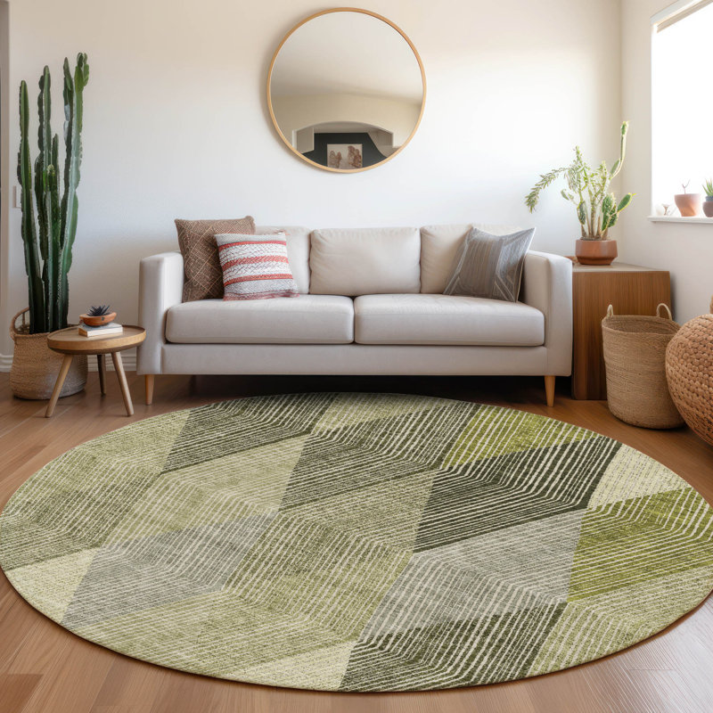 Premium Machine Washable Prisco Olive Rug, Round 8'