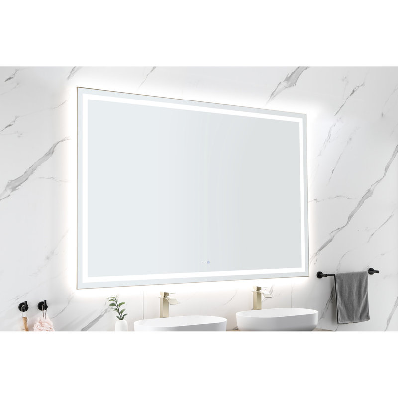 Miroir à DEL 84 po x 48 po pour salle de bain, fonction brouillard. 3 couleurs, gradation continue, fixation murale avec cadre en aluminium brossé doré, modes couleur. Coiffeuse