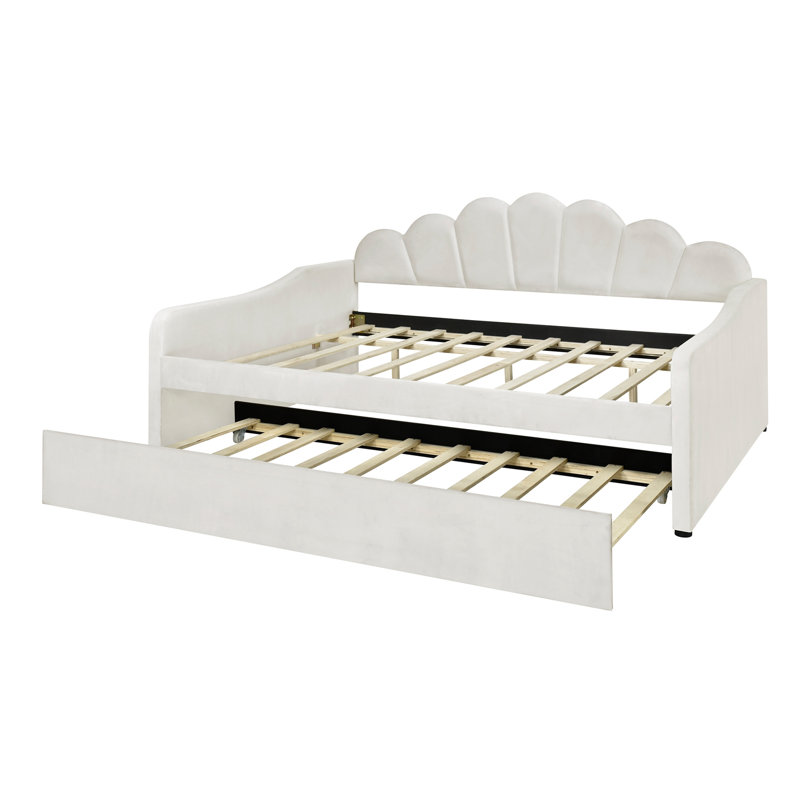 Full Size Upholstery Daybed Frame with Shall Shaped Backrest and Trundle, White