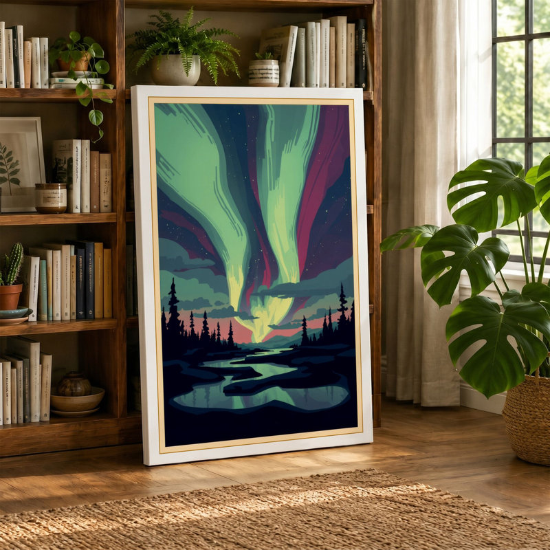 Aurora Over Silent Waters Scandinavian - Wrapped Canvas, 18x12 - 45.7 x 30.5 cm, Ochre Border