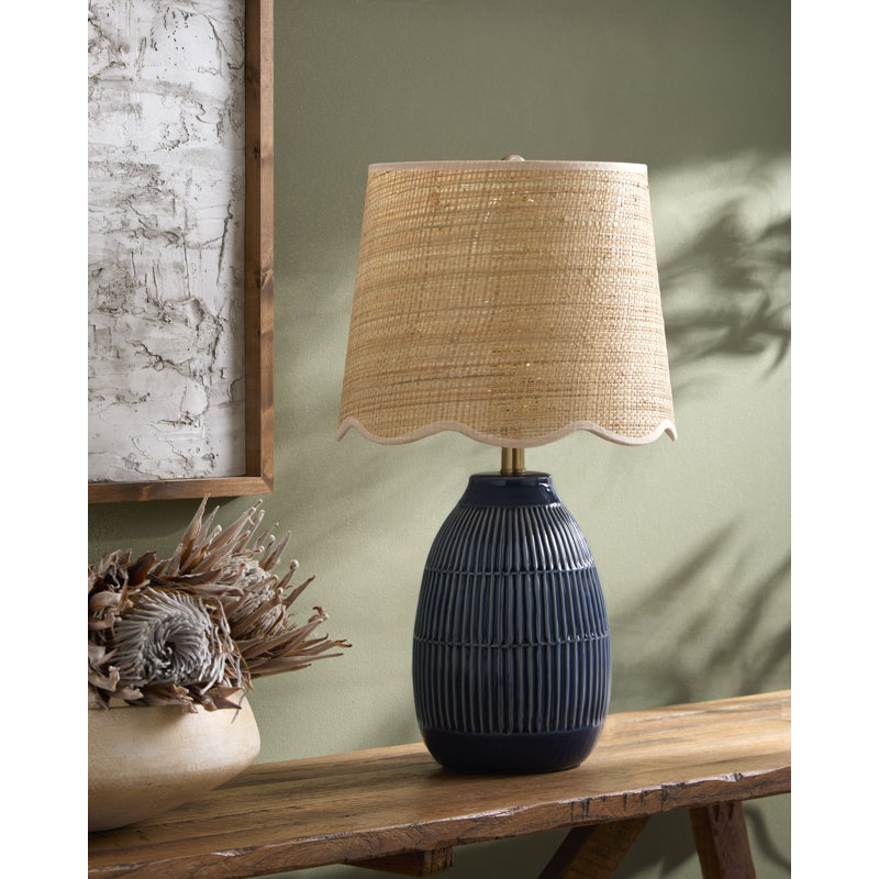 Lampe de table Audrys, Beige, Jute, Bleu très foncé