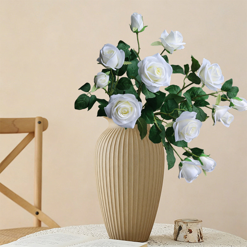 1 branche, 3 mini têtes de roses artificielles, bouquet de fleurs, décoration de bureau à domicile (blanc), Blanc