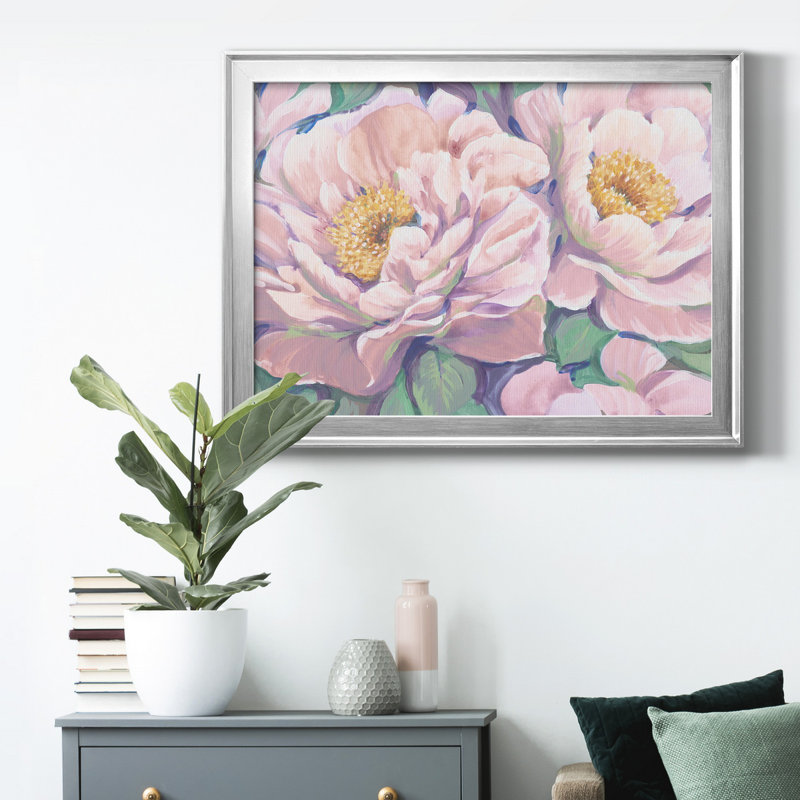 Pe pivoines en fleurs II - peinture sur toile encadrée, H 22,5 po x l 30,5 po x P 1 po, Cadre argenté