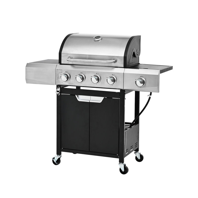 Barbecue au propane à 4 brûleurs avec couvercle latéral et en acier inoxydable, 51 000 Po Surface de cuisson pour camping barbecue, argent extérieur, camping,