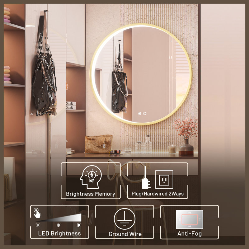 Fantina Round 3 Color Adjustable LED Metal Framed Wall Mirror with Anti-fog, 32" x 32", Gold