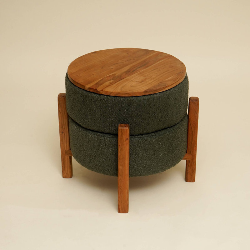 Modern Boucle Upholstered Ottoman | Wooden Base