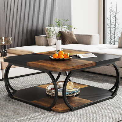Table basse carrée de 39 po avec tablette de rangement à 2 niveaux de style campagne moderne, structure en métal robuste, brun rustique et noir, idéale pour le salon