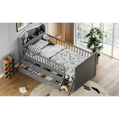 Lit plateforme gris avec 4 tiroirs, garde-corps, tablette de tête de lit et rangement sous le lit, conçu pour les besoins de bien-être