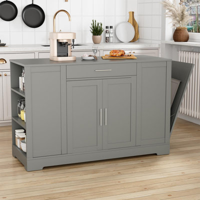 53" Kitchen Island, Tilt Out Trash Can Holder & Solid Wood Top, Breakfast Bar W/3-Layer Side Shelf, Large Storage Cabinet W/Adjustable Shelve by Winston Porter