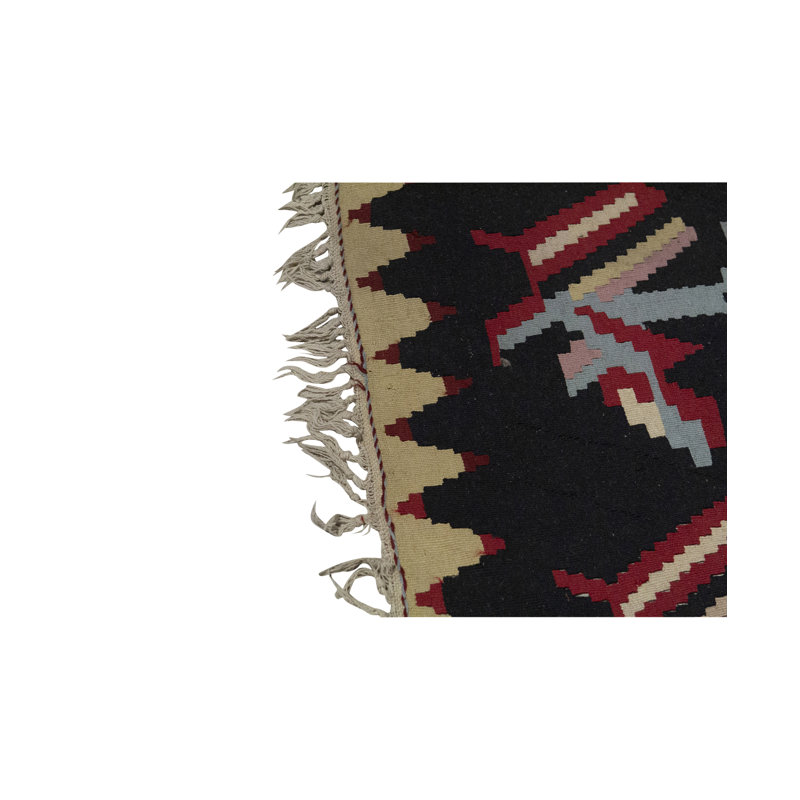 Tapis en laine noué à la main en noir / rouge / rose