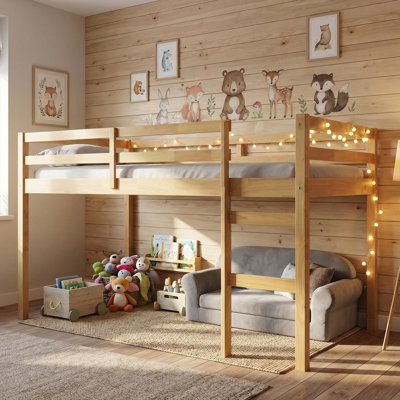 Lit mezzanine bas simple avec échelle, lit mezzanine en bois pour enfants, junior, jeunes adolescents, cadre de lit simple en bois de pin, conception peu encombrante, aucun sommier requis, assemblage facile, naturel