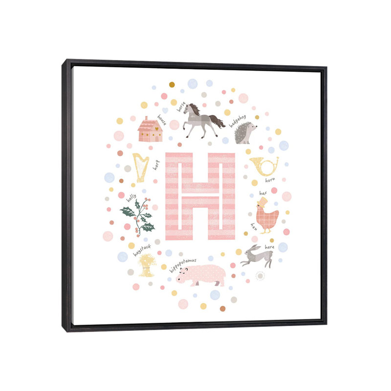 Lettre illustrée H rose - impression, Toile encadrée noir délavé, Pas de tapis, H 26 po x l 26 po x P 1,5 po