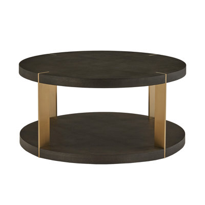 Sula Gold Finish Metal Dark Brown Faux Shagreen Round Table - Dark Brown, Coffee Table