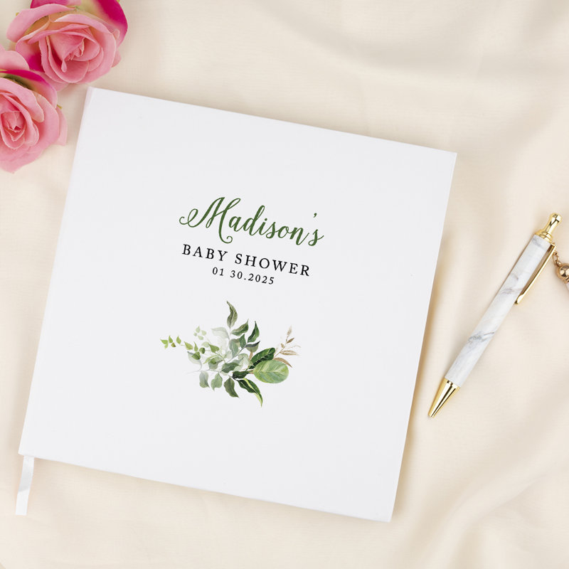 Livre d'or personnalisé pour fête de naissance avec accents dorés, feuilles de verdure personnalisées, livre d'invités blanc dans le registre 120 pages 8,5 x 8,5 souvenirs pour bricolage, album de photos