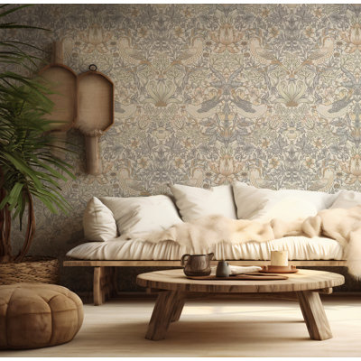 Vintage Birds and Flowers Wall Mural | Soft Damask Botanical Wallpaper | Non-Woven or Peel and Stick
