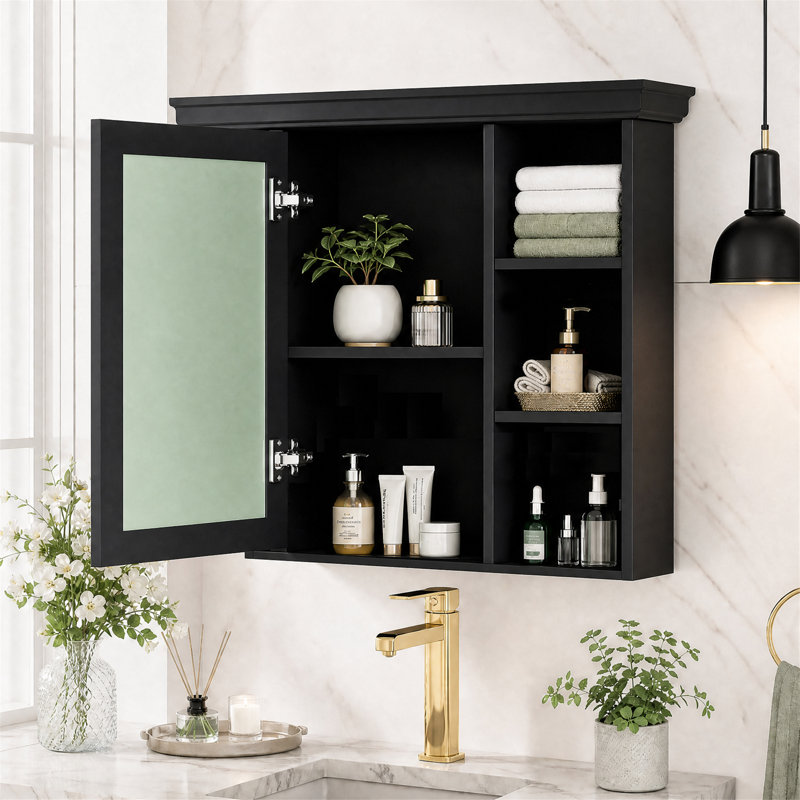 Armoire à pharmacie murale de 90 cm (35,5 po) avec miroir et tablettes ouvertes, noire, Noir