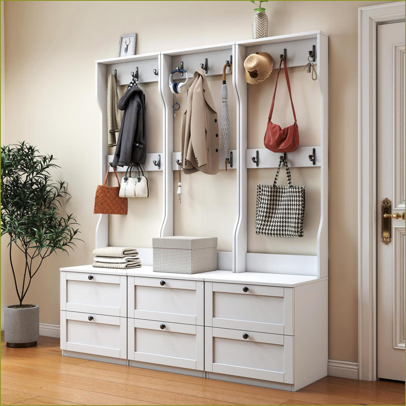 Table de chevet 2-en-1 avec 2 tiroirs Crochets, organisateur de chambre / entrée autoportant | Panneau de particules et panneau de fibres à densité moyenne | Minimaliste