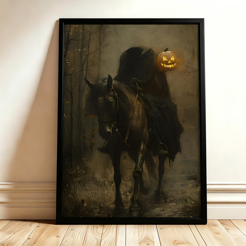 Cheval noir d'Halloween portant une citrouille lumineuse, tableau sur toile encadré, cadre blanc, 61 x 91 cm, 24x36, White