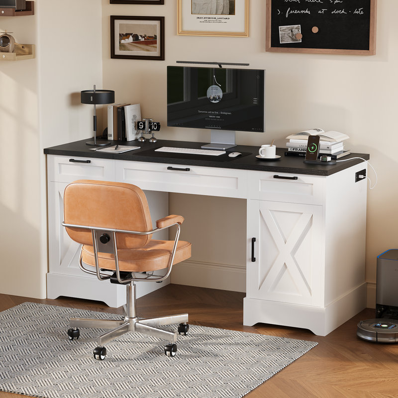 Office Executive Desk With 3-In-1 Charging Station & Adjustable Storage Cabinet