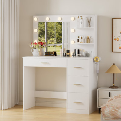 Meuble-lavabo de maquillage avec prise de courant et support pour sèche-cheveux