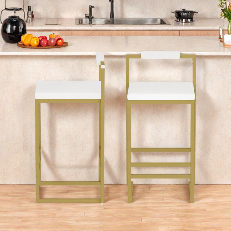 Ensemble de 2 tabourets de bar modernes avec coussins en velours et pieds en métal, Siège blanc crème / cadre doré