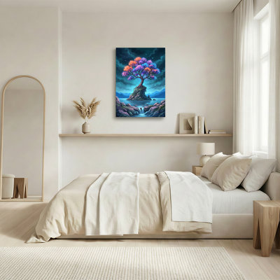 Arbre multicolore lumineux sur une île rocheuse avec cascade - Tableau sur toile