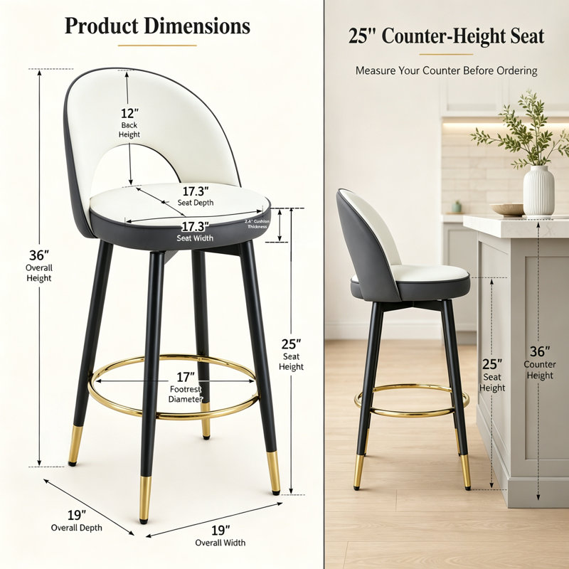 AriaHome 25" Upholstered Swivel Counter Stool with Low Back and Metal Footrest (Set of 2), 2, White/Dark Gray