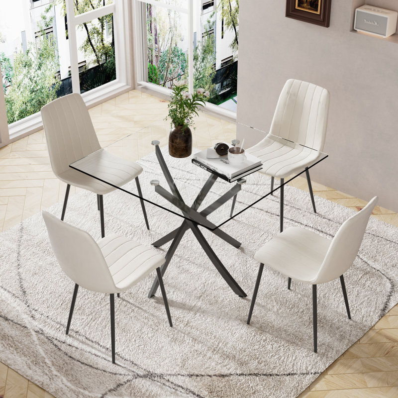 Ensemble de salle à manger à piédestal carré avec chaises en velours, 5, Beige
