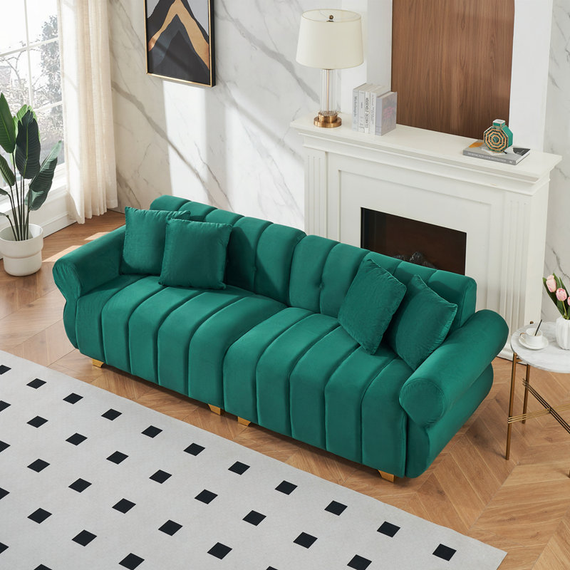" modern 3-seater flannelette sofa | spring-wrapped cushions | stylish metal feet | 4 throw pillows | living room & bedroom