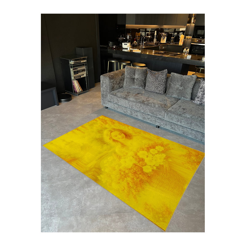 Tapis jaune tissé à motif floral lavable Mosso, 3'3" x 4'11"