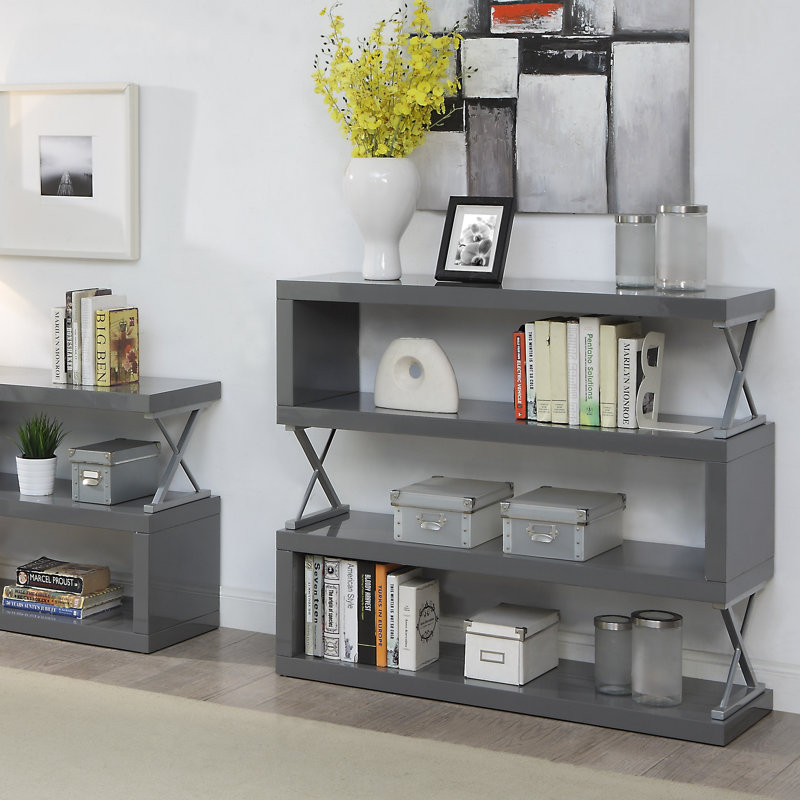 Telma Geometric Display Bookcase with Open Back, (3 Shelves) 41.38'' H x 47'' W x 15.5" D, Glossy Gray