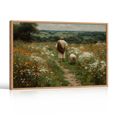 The Good Shepherd and Lamb Walking Through Wildflower Field Framed Canvas Wall Art, Classic Christian Countryside Landscape Print with Natural Wood Frame