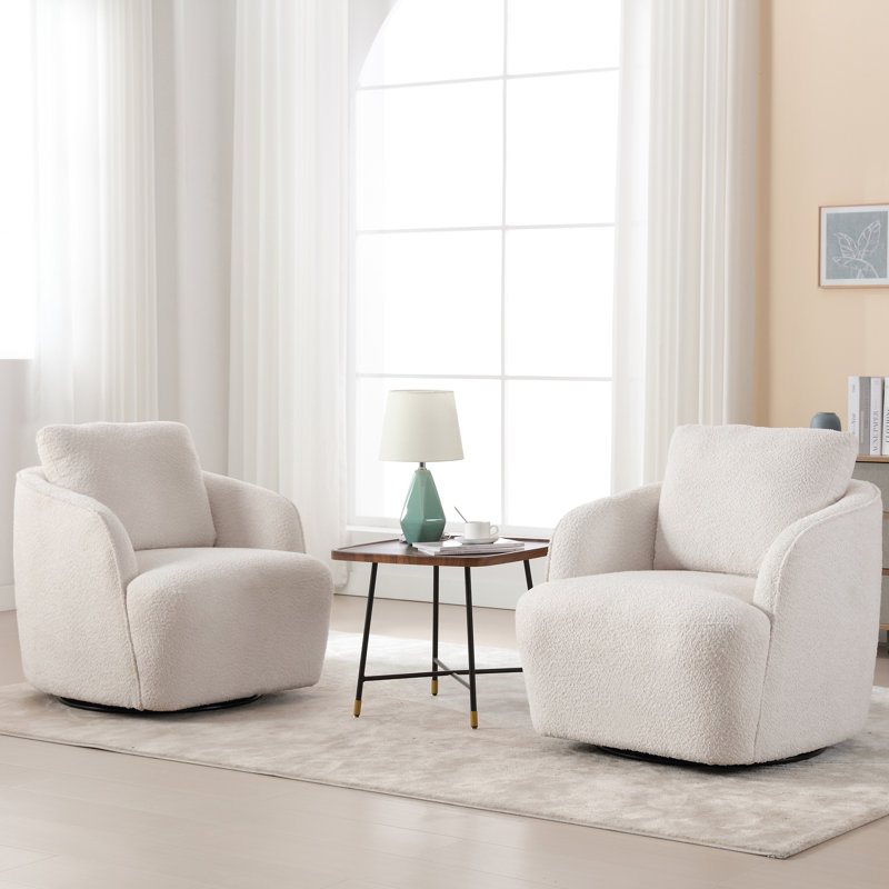 Upholstered Swivel Barrel Chair, Ivory Polyester Blend