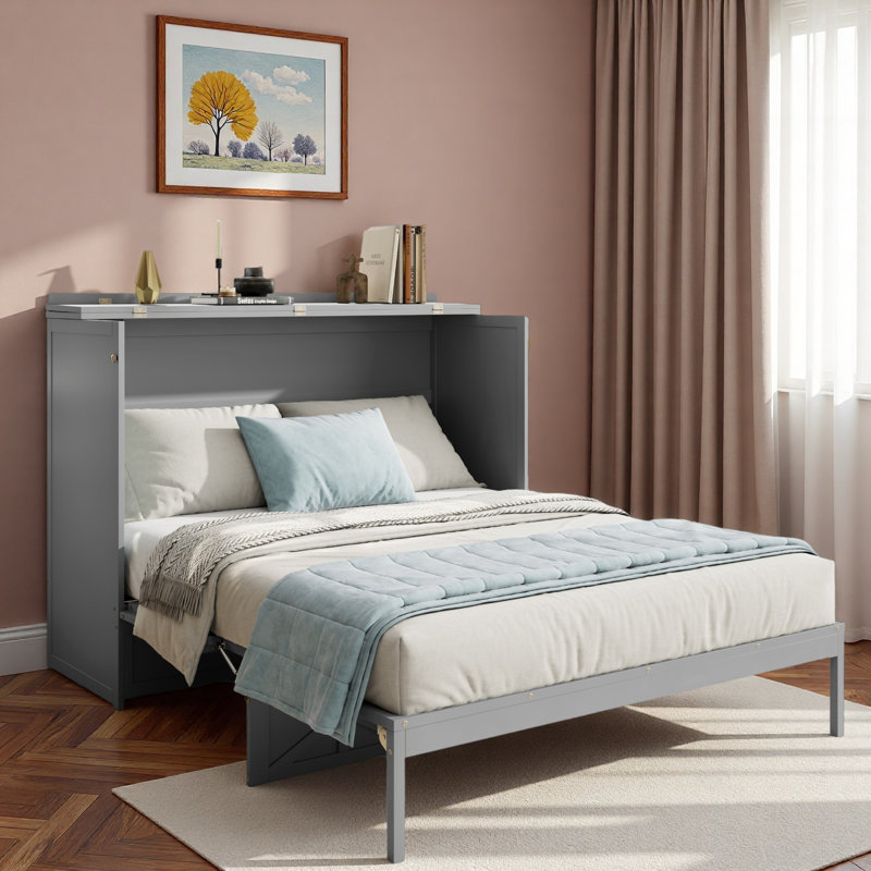 Grand lit escamotable avec tiroir de rangement et prises de courant, Gris