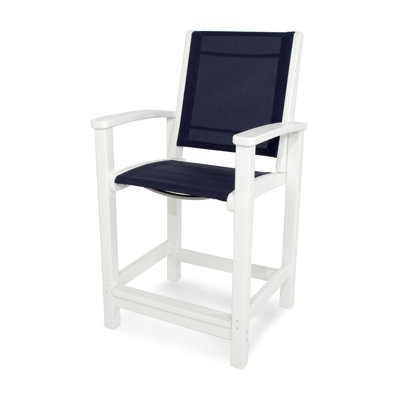 POLYWOOD Coastal Counter Chair in White / Navy Blue Sling