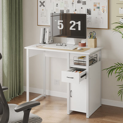 35.43" Computer Desk Small Spaces Modern Home Office Desk Drawer Storage Cabinet Metal Frame