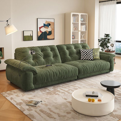 Green Chenille Modular Sofa with Built-in USB Charging Ports