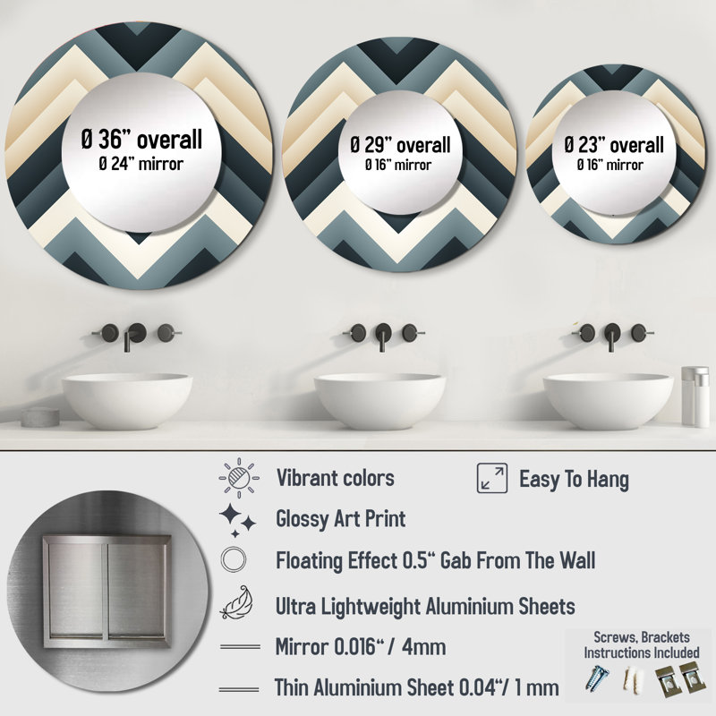 Motif à chevron neutre géométrique gris Ruzich - miroir mural chevron, 23 po x 23 po