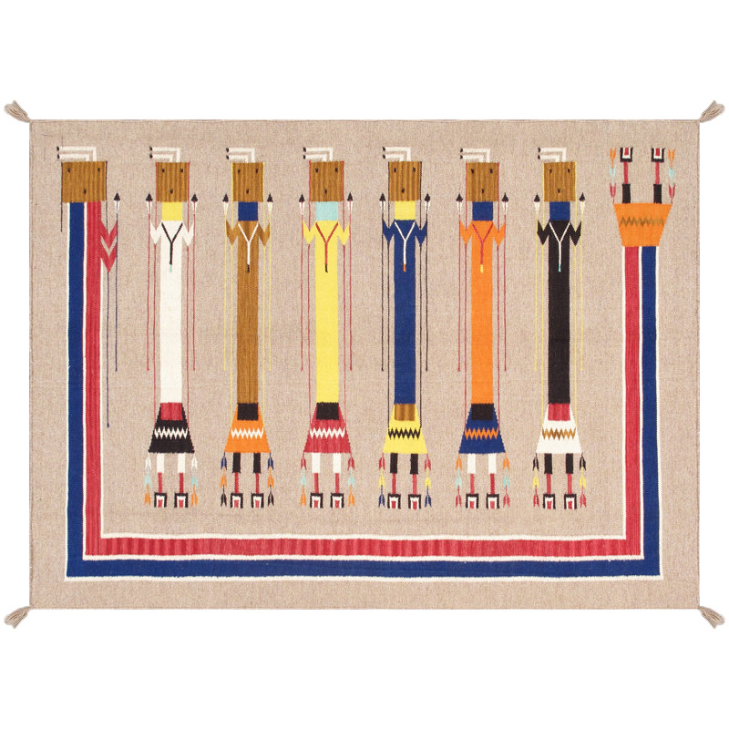 Tapis brun / bleu / rouge en laine tissé à plat à la main à motif géométrique Tuscany