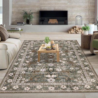 Floral Low Pile Runner Rug – Machine Washable, Non-Slip, Lightweight Hallway, Kitchen & Bedroom Carpet, Vintage Distressed Area Rug for Home Decor