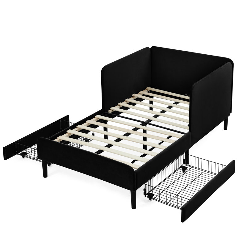 Lit simple noir avec 2 tiroirs de rangement, structure rembourrée convertible, taille de coussin en velours doux, lit, envers
