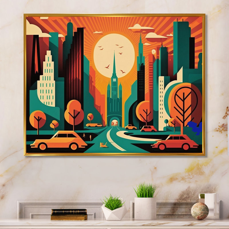 Futuriste paysage urbain III - reproduction sur toile, H 30 po x l 40 po x P 1,5 po, Toile avec cadre flottant or