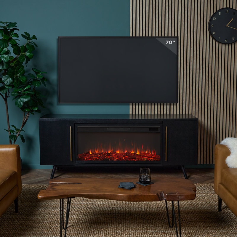Morris 72" Mid-Century TV Stand with Electric Fireplace by Real Flame, Black, Standard