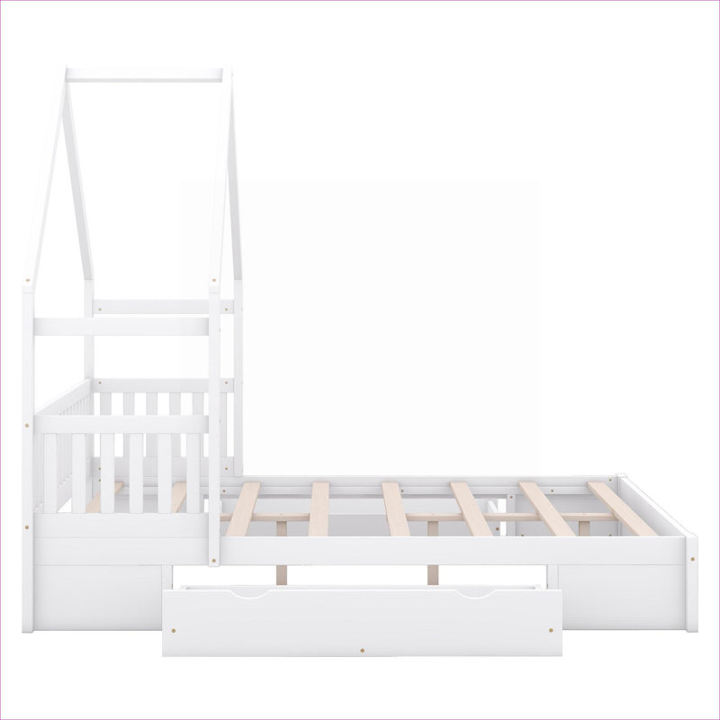 Queen Size Platform Bed House Style Solid Wood Construction Clean White with Guardrail and Two Underbed Storage Drawers