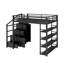 Lit mezzanine double en métal avec tablettes de rangement, armoires et garde-robe