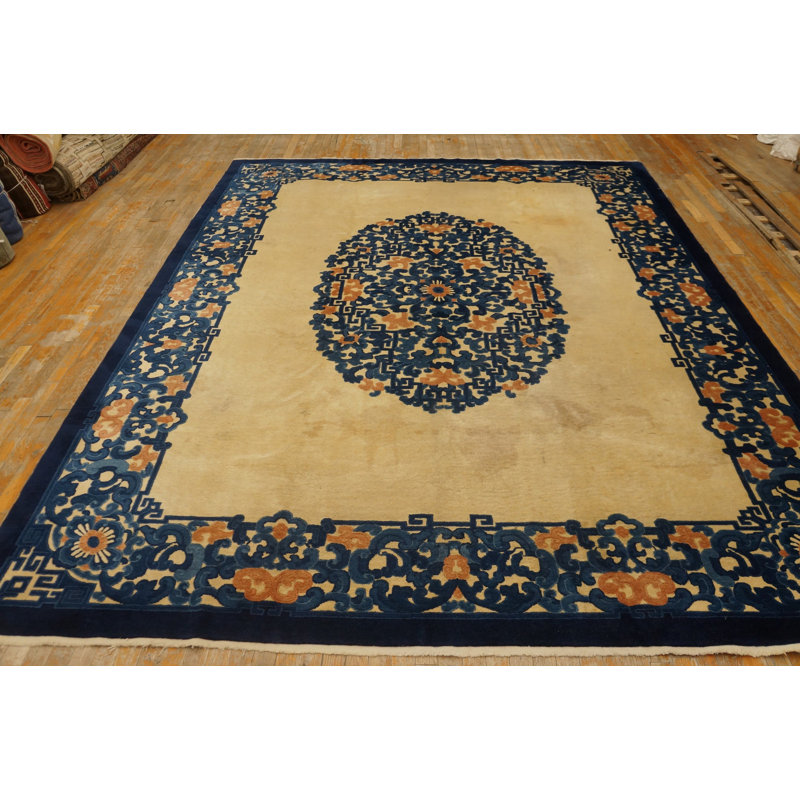 Tapis en laine beige et bleu antique