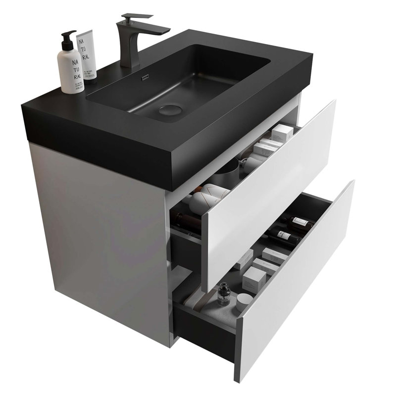 Meuble-lavabo mural flottant avec lavabo et rangement, Blanc, Noir
